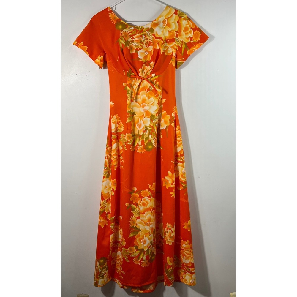 60s 70s Mildreds of Hawaii Liberty House Empire Floral Maxi Dress Orange 8